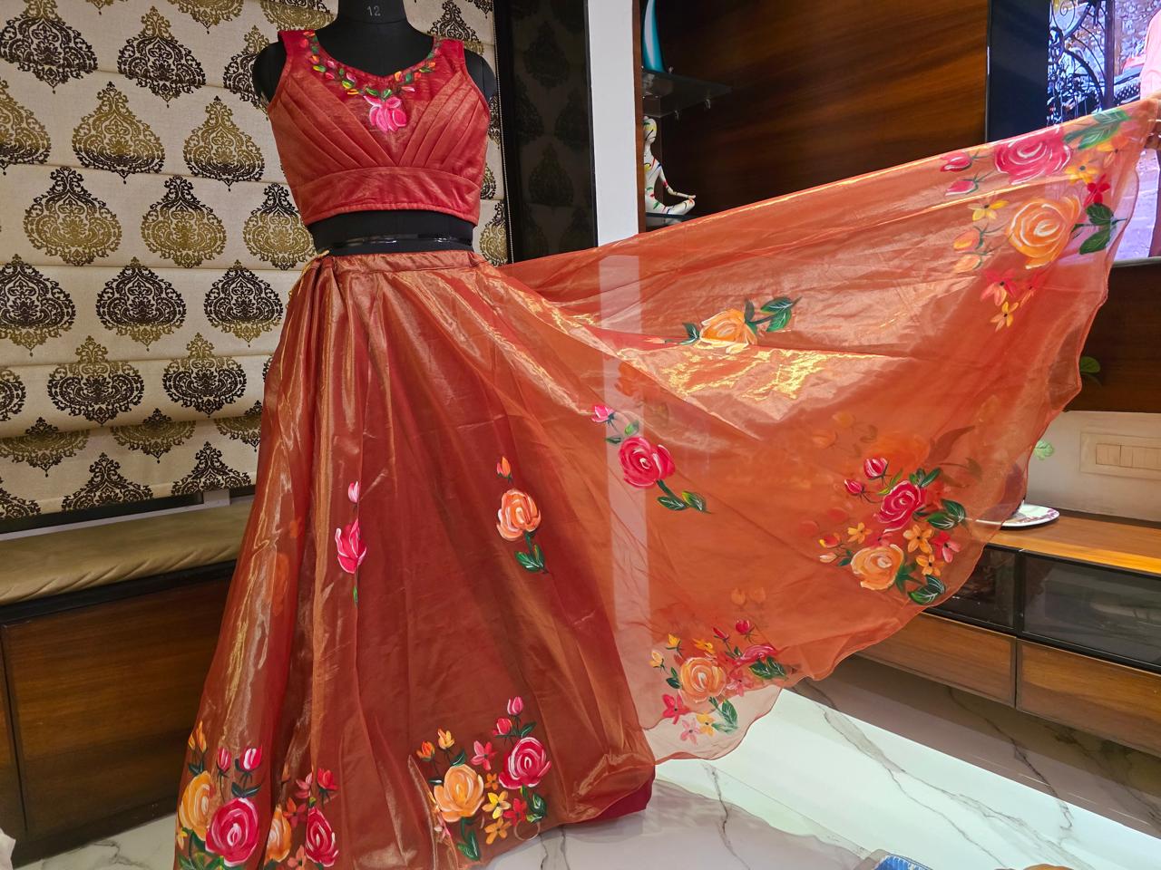 Orangee Shimmer Floral Lehenga